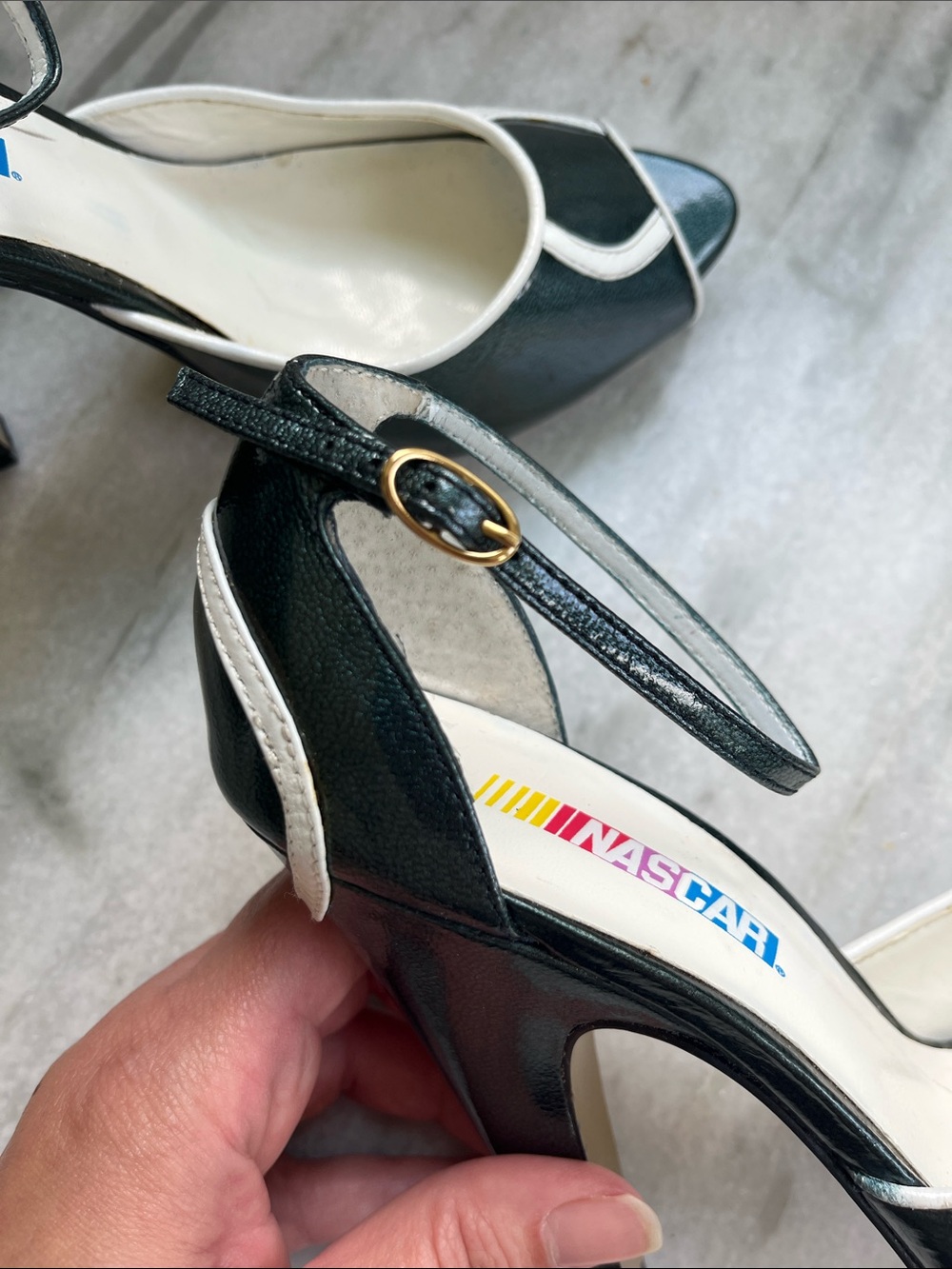 Nascar Dark Green Peep-Toe Ankle Strap Heels with White Trim - Picture 14 of 15
